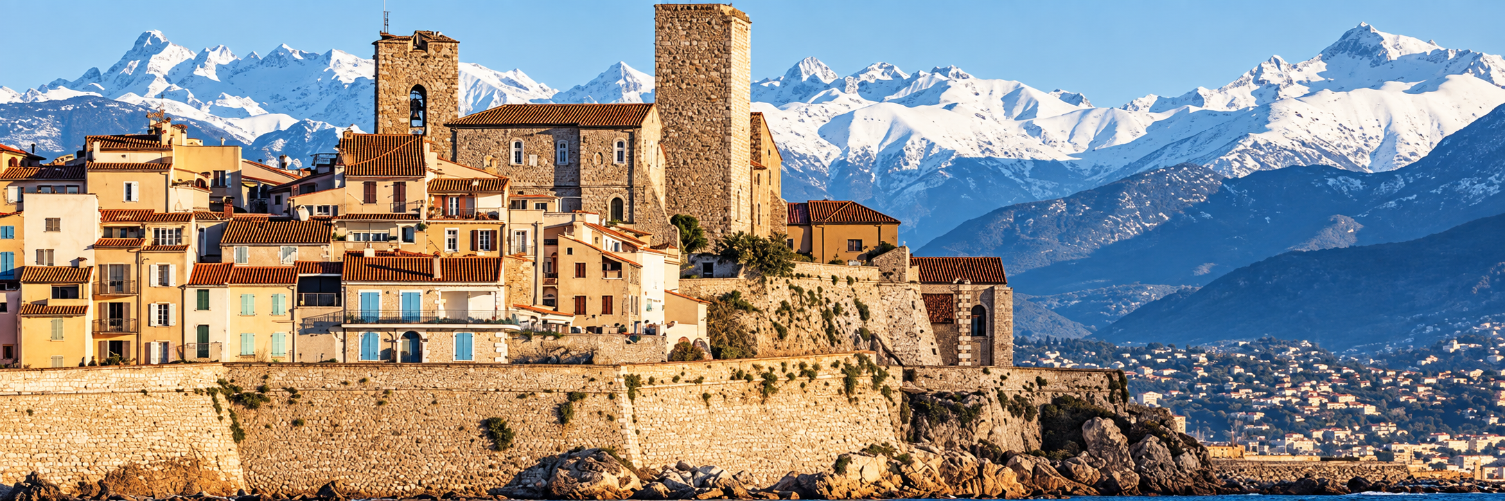 Village fortifie face aux montagnes enneigees